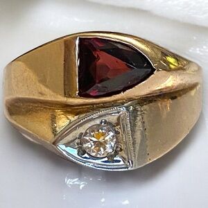 ***SOLD***Vintage 10k Yellow Gold Mens Diamond and Garnet Bypass Ring Size 9.5
